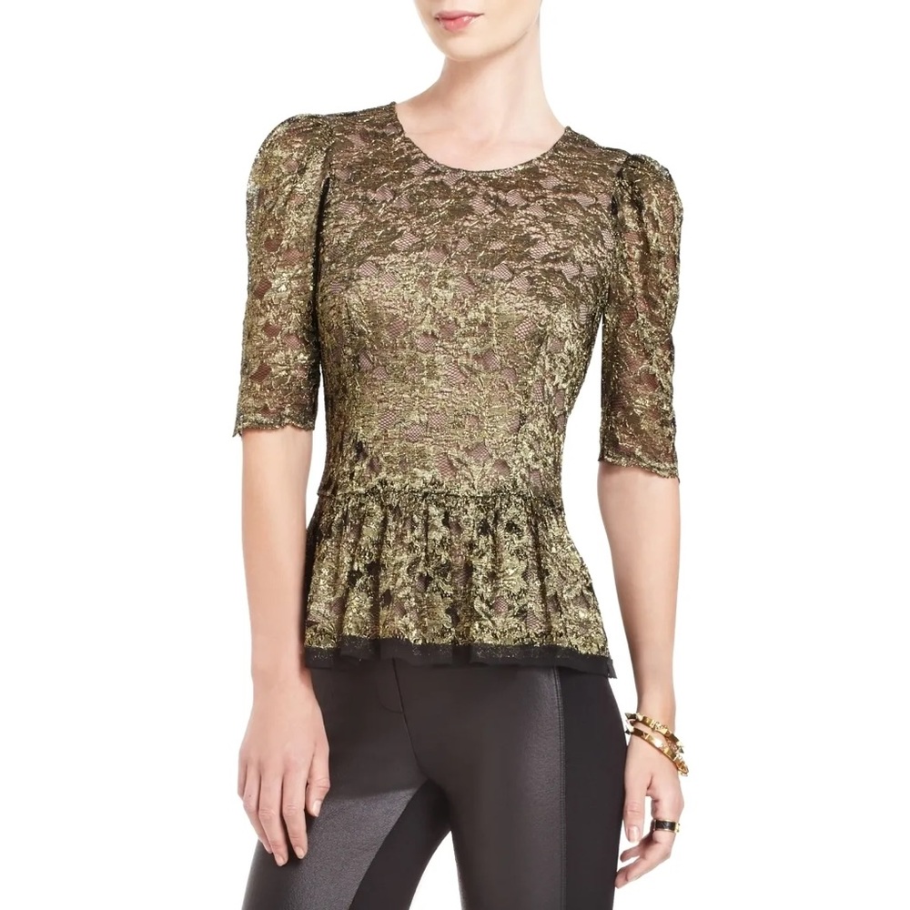 BCBG Max Azria Gold Metallic Lace Peplum Top